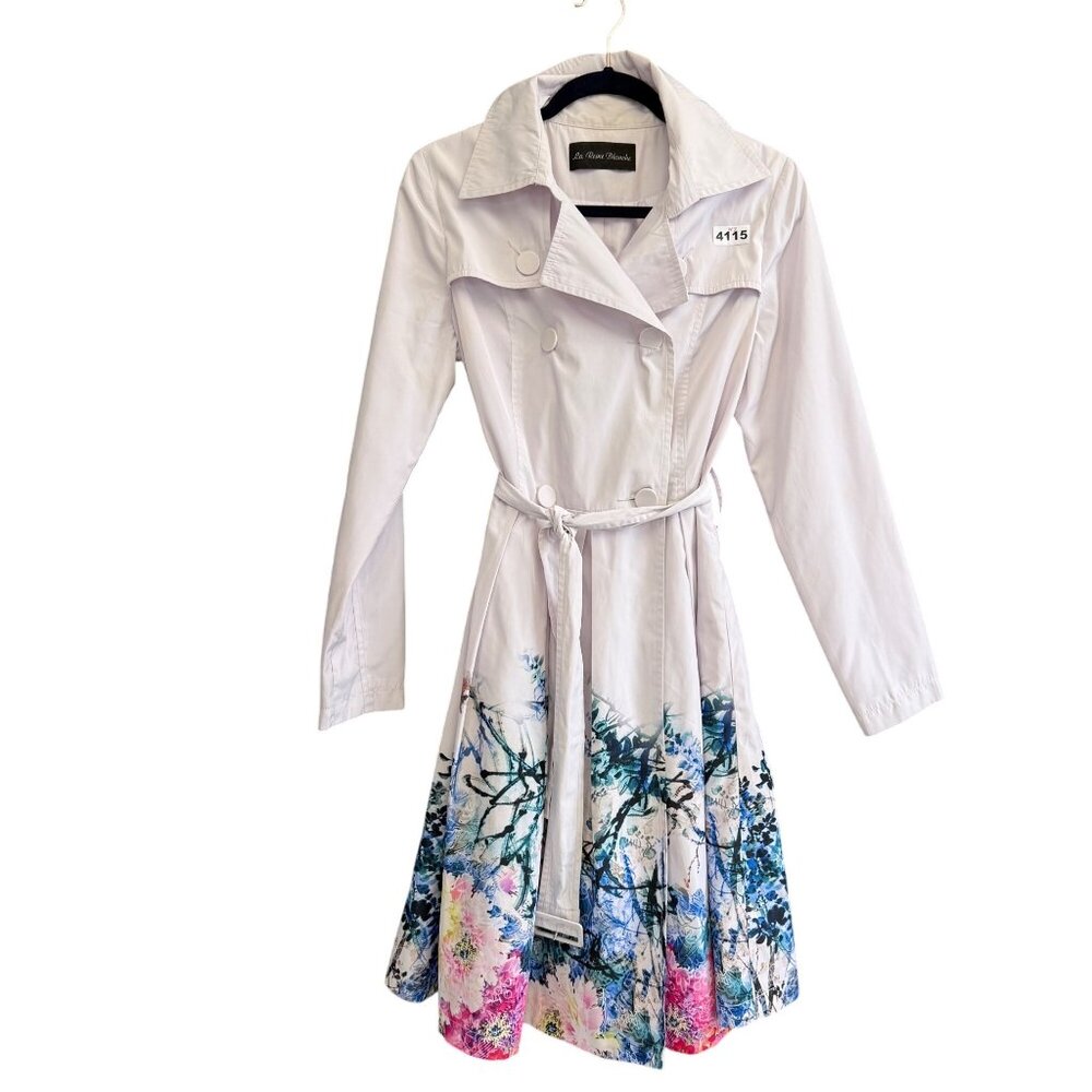 La Reine Blanche Women's Trench Coat Sz 46/US M White Floral Double Breasted Tie